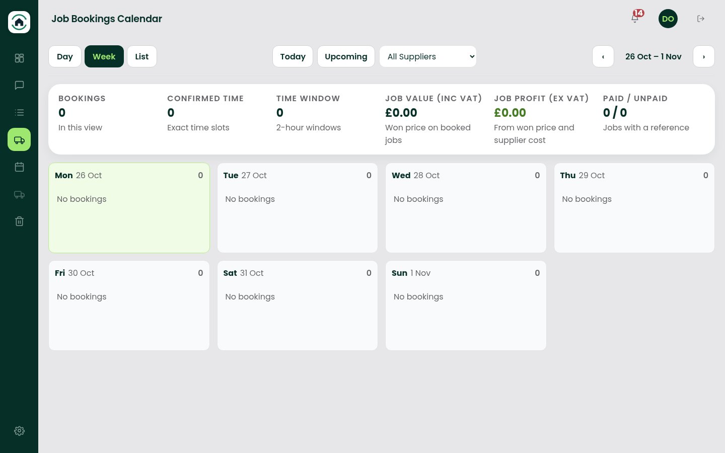 Job bookings calendar at desktop width
