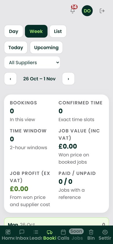 Job bookings calendar at mobile width