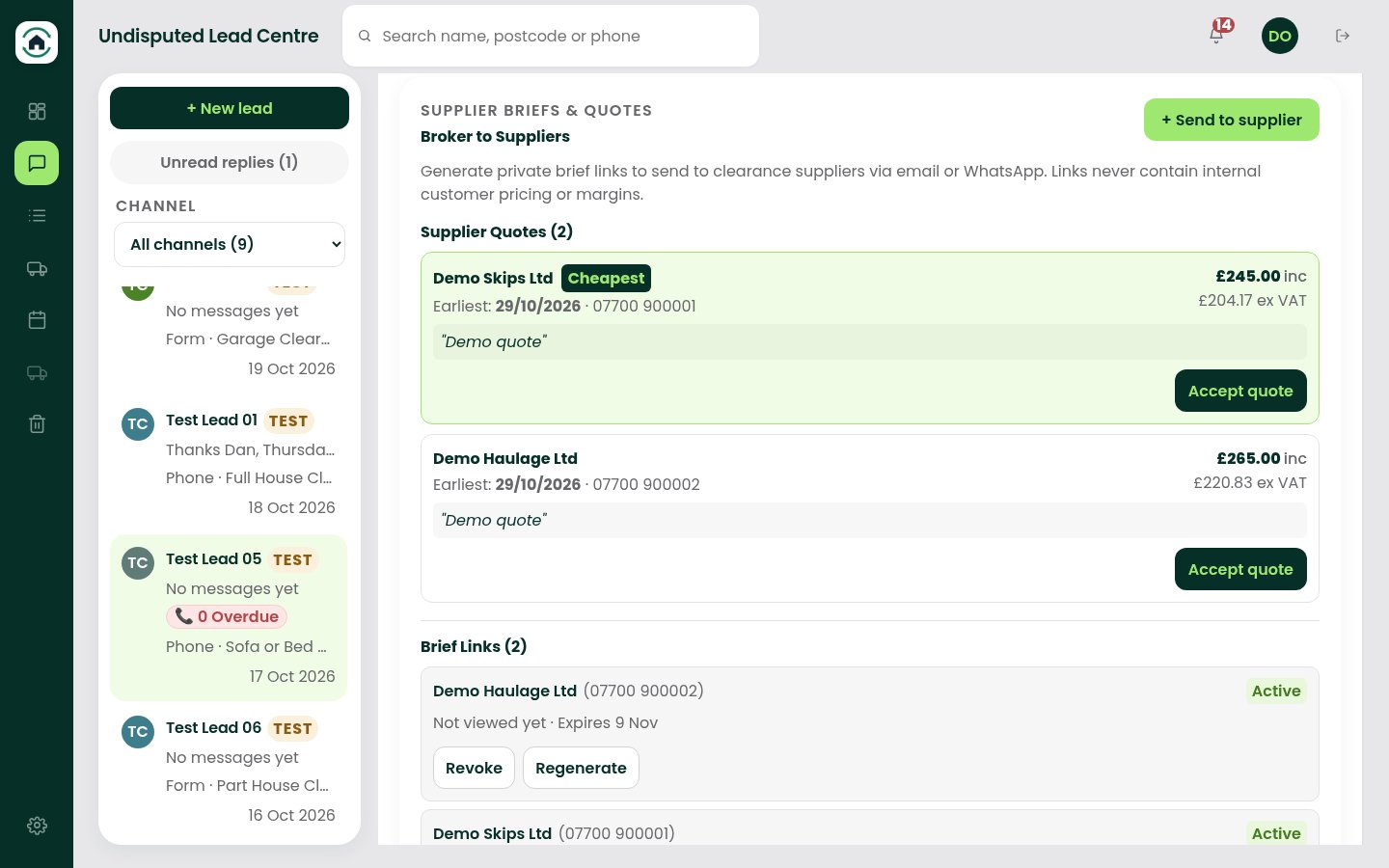 Supplier briefs and quotes at desktop width